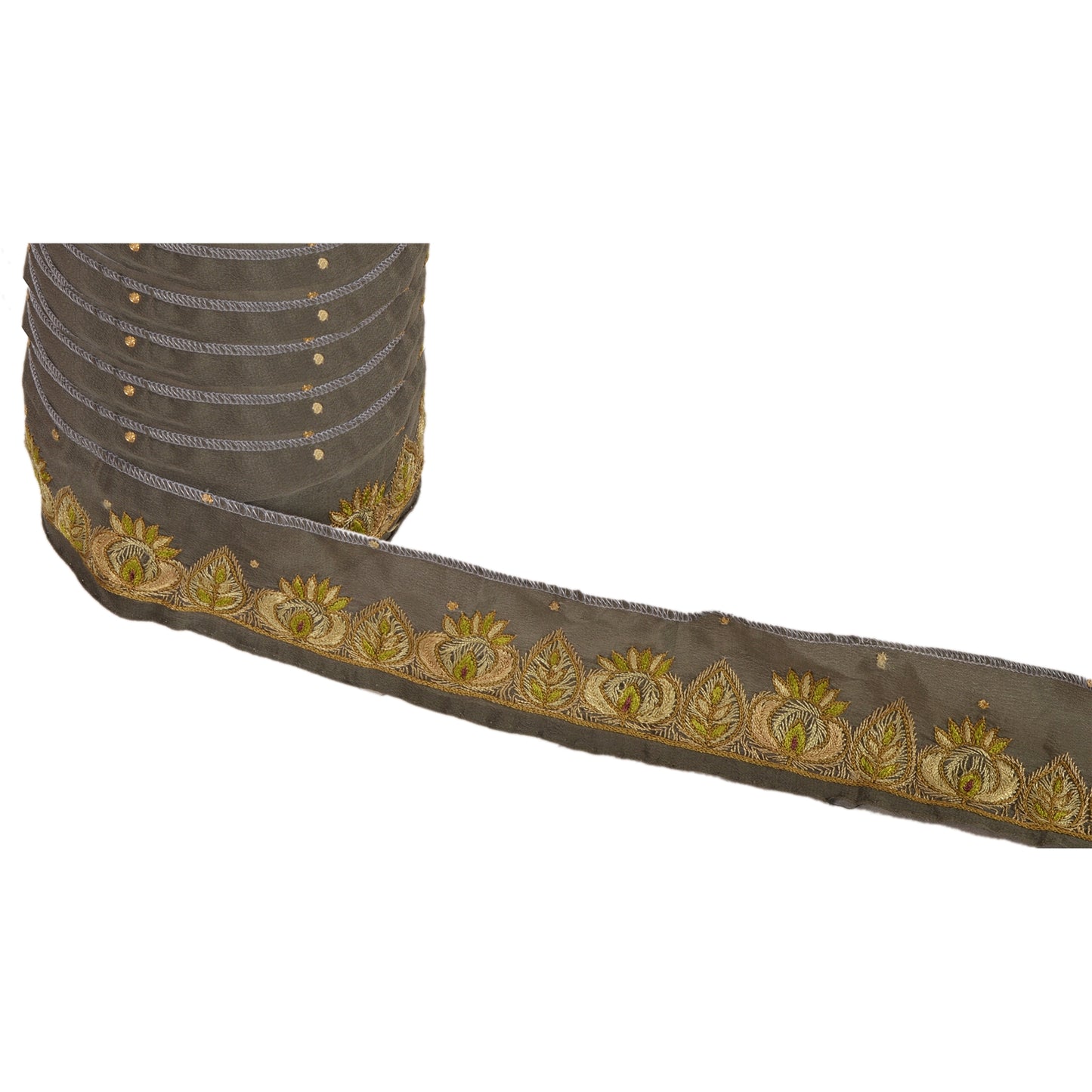 Sanskriti Vintage Sari Border Hand Embroidered 1Yd Indian Trim Ribbon Green Lace