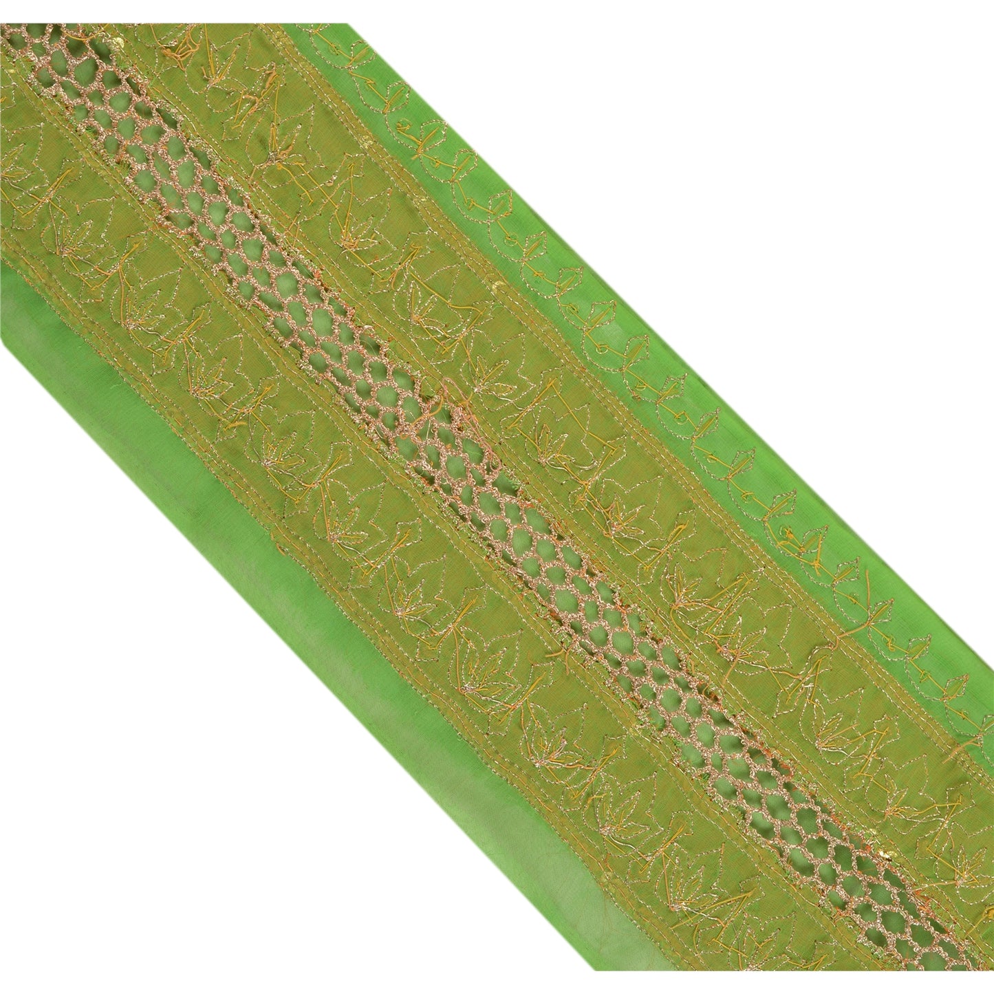 Sanskriti Vintage Sari Border Hand Beaded 1Yd Indian Trim Sewing Green Zari Lace