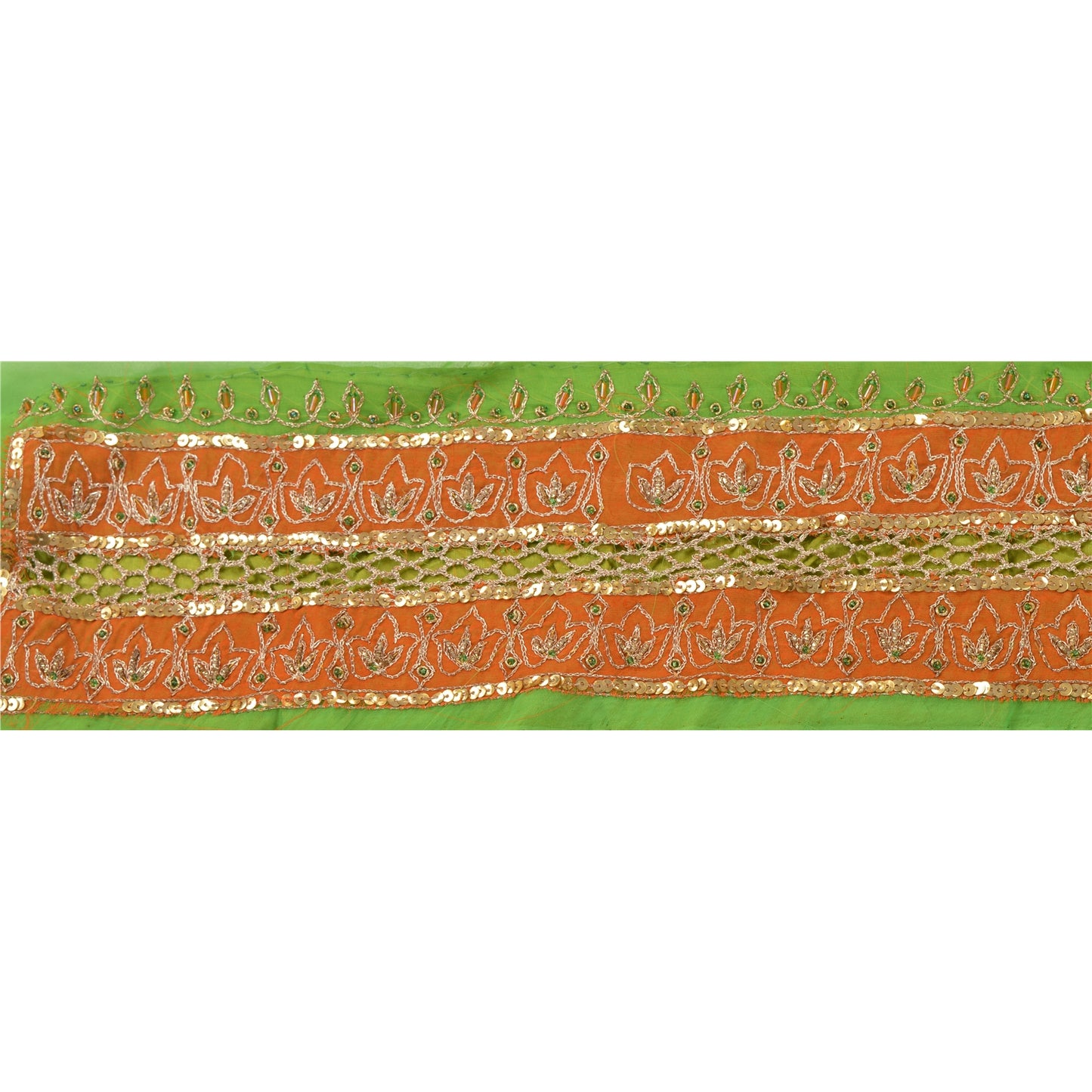 Sanskriti Vintage Sari Border Hand Beaded 1Yd Indian Trim Sewing Green Zari Lace