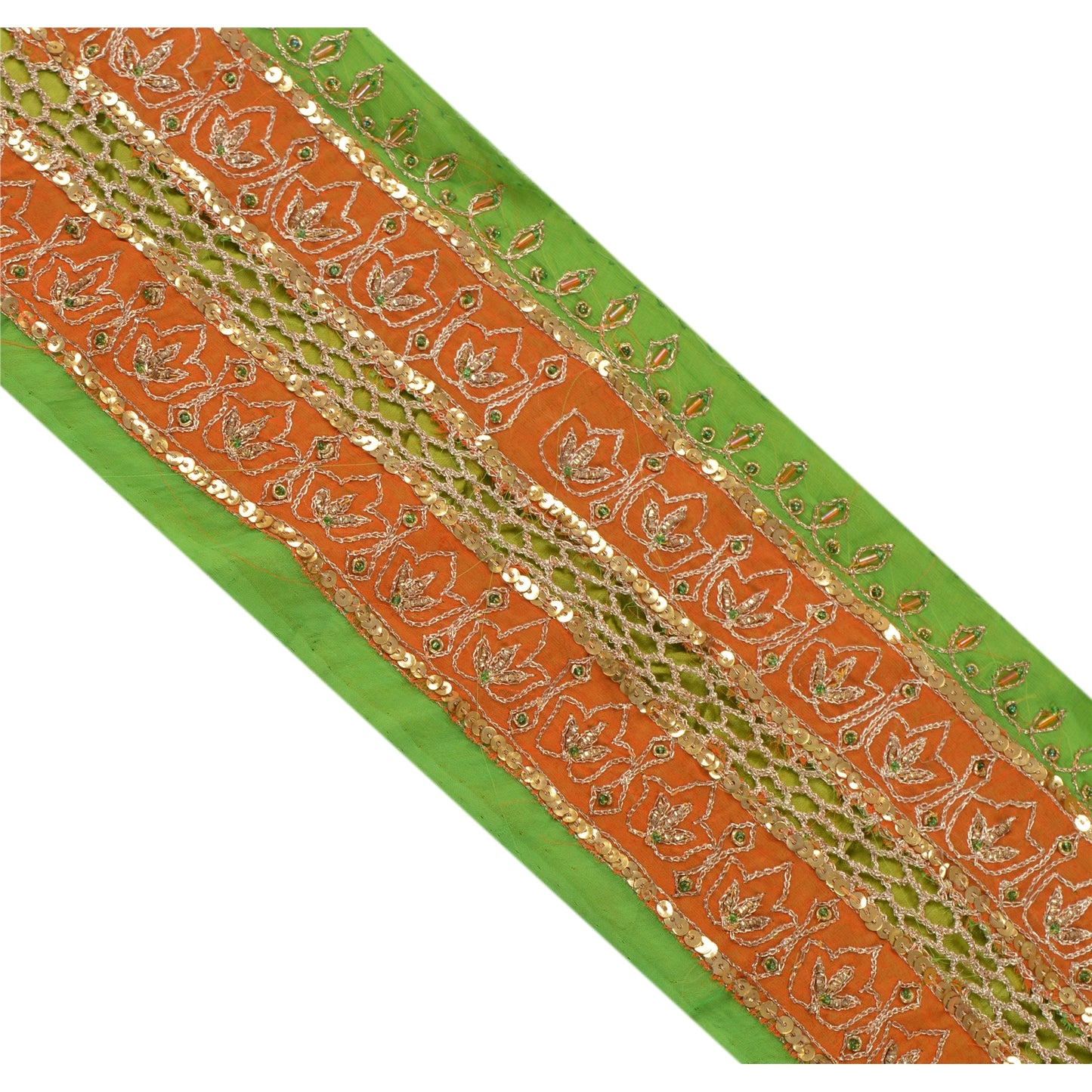Sanskriti Vintage Sari Border Hand Beaded 1Yd Indian Trim Sewing Green Zari Lace