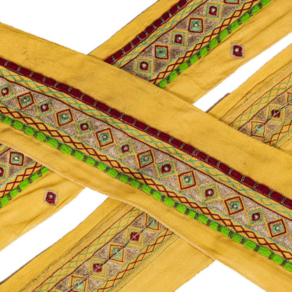 Sanskriti Vintage Yellow Crepe Silk 1 YD Sari Border Hand Beaded Craft Trim Lace