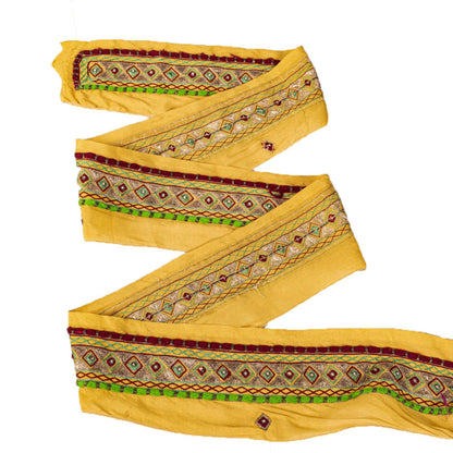 Sanskriti Vintage Yellow Crepe Silk 1 YD Sari Border Hand Beaded Craft Trim Lace