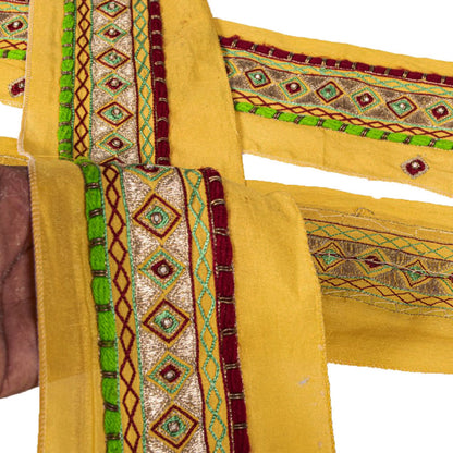 Sanskriti Vintage Yellow Crepe Silk 1 YD Sari Border Hand Beaded Craft Trim Lace