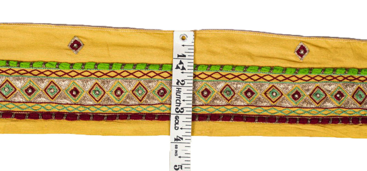 Sanskriti Vintage Yellow Crepe Silk 1 YD Sari Border Hand Beaded Craft Trim Lace