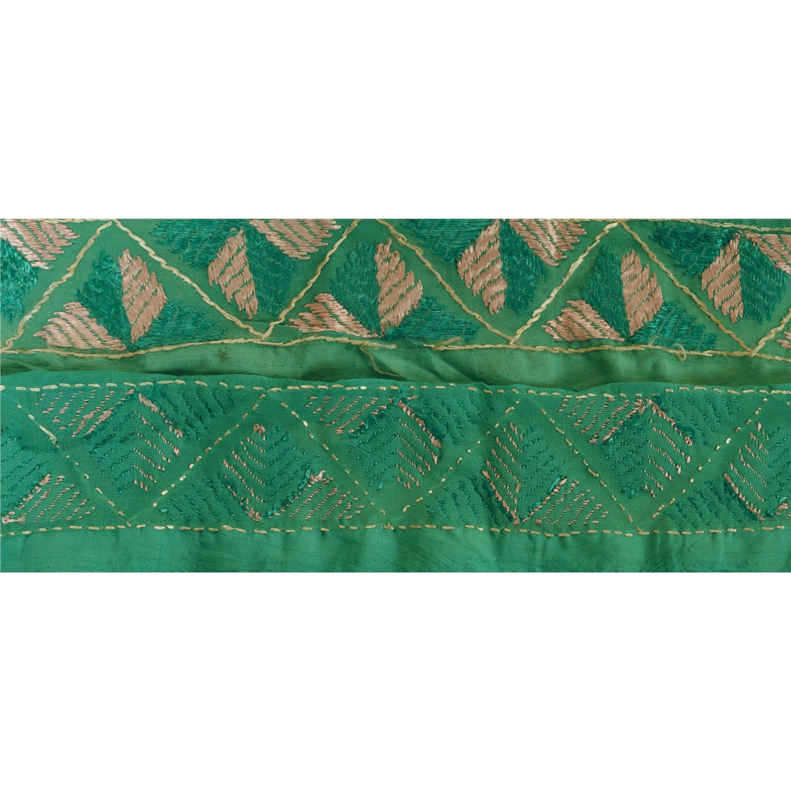 Sanskriti Vintage Green Silk Saree Border: Hand Embroidered Phulkari Lace (1 Yard) by