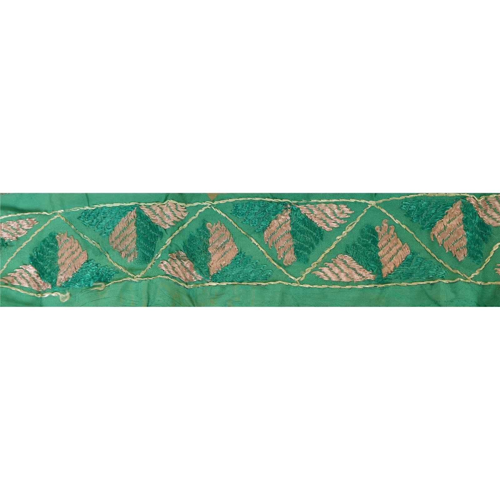 Sanskriti Vintage Green Silk Saree Border: Hand Embroidered Phulkari Lace (1 Yard) by