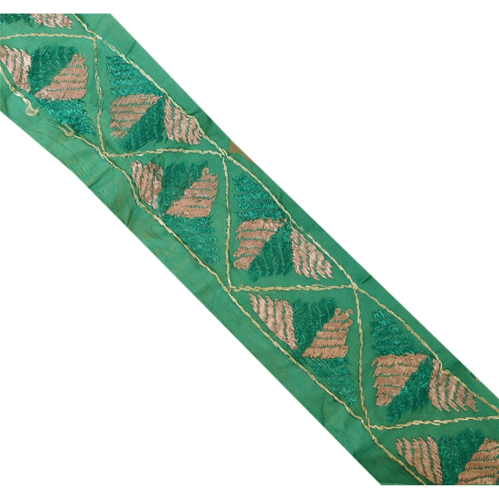 Sanskriti Vintage Green Silk Saree Border: Hand Embroidered Phulkari Lace (1 Yard) by