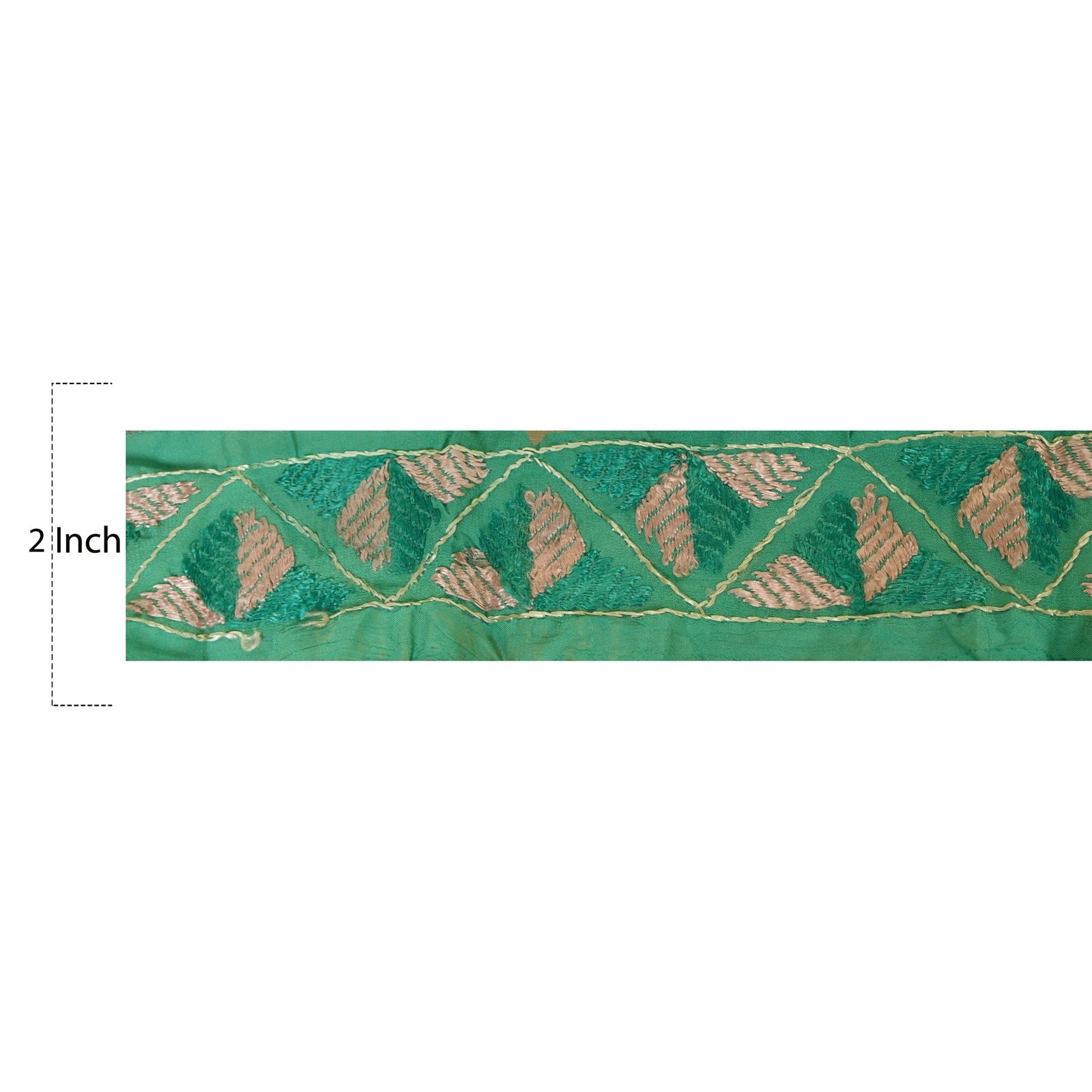 Sanskriti Vintage Green Silk Saree Border: Hand Embroidered Phulkari Lace (1 Yard) by
