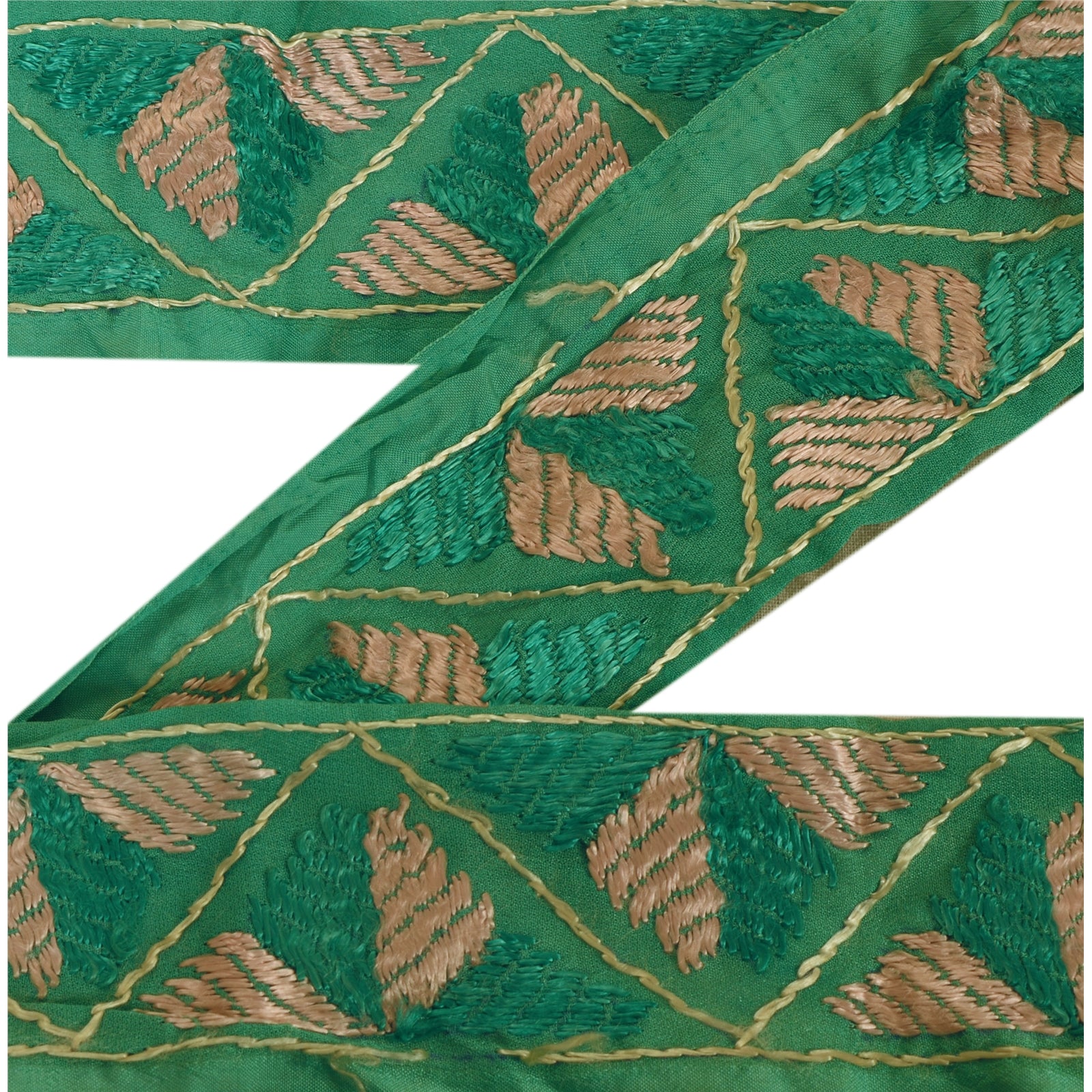 Sanskriti Vintage Green Silk Saree Border: Hand Embroidered Phulkari Lace (1 Yard) by