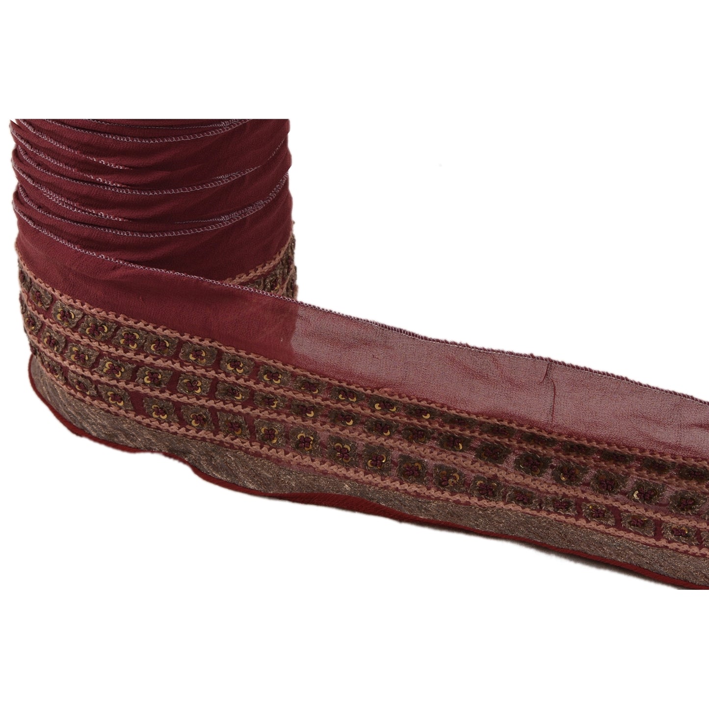 Sanskriti Vintage Border Hand Beaded Sequins 1YD Indian Trim Dark Red Patch Lace