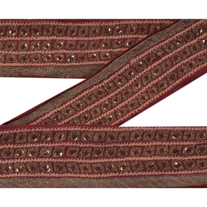 Sanskriti Vintage Border Hand Beaded Sequins 1YD Indian Trim Dark Red Patch Lace