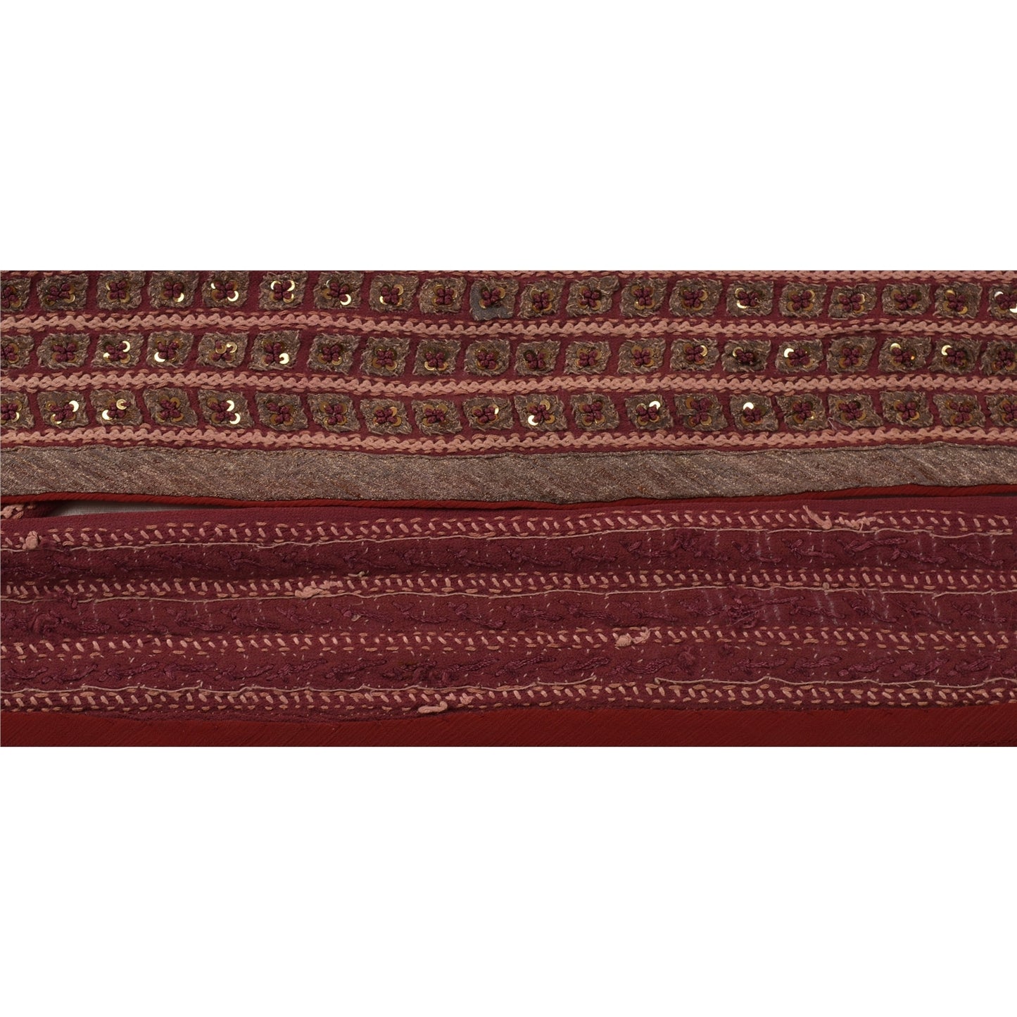 Sanskriti Vintage Border Hand Beaded Sequins 1YD Indian Trim Dark Red Patch Lace
