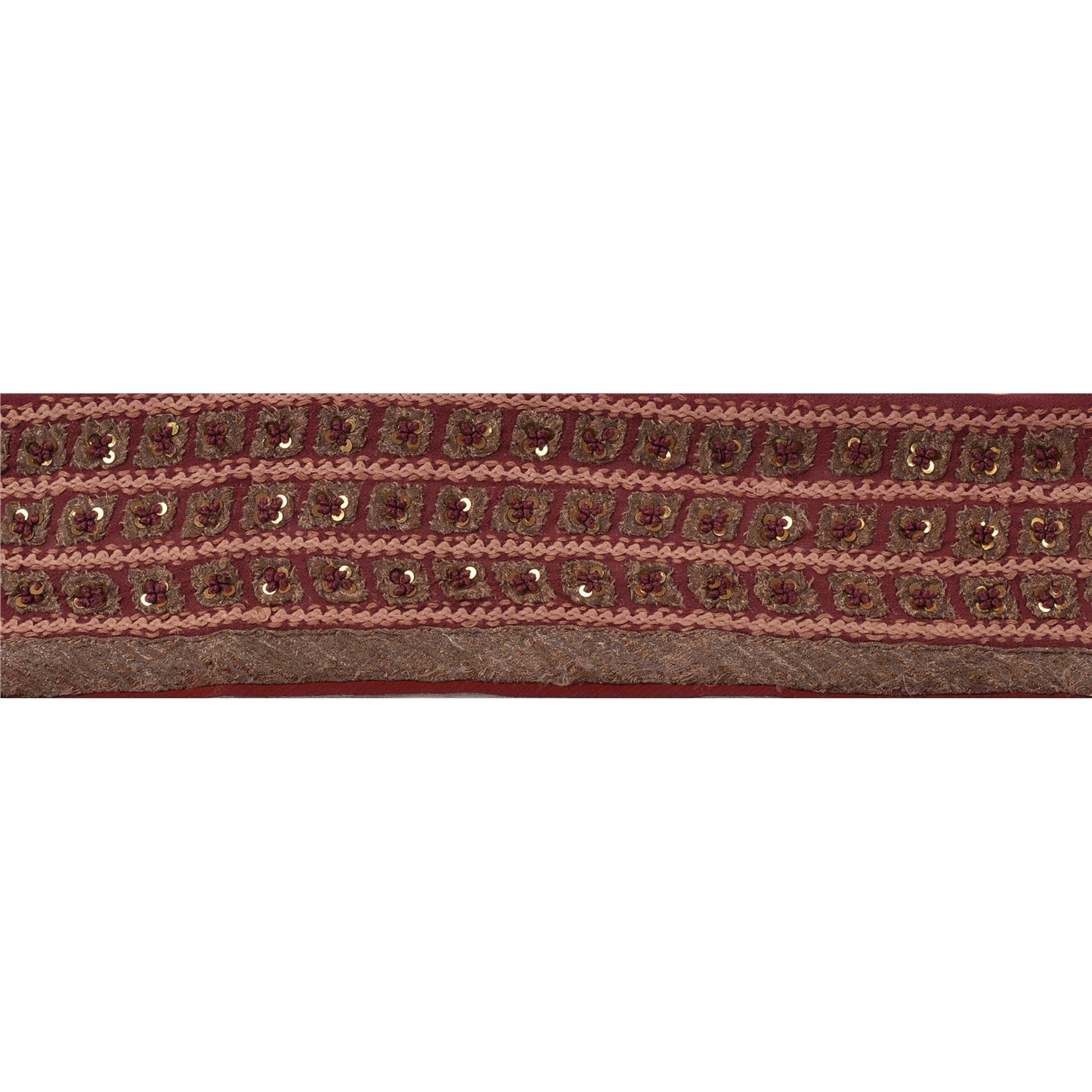 Sanskriti Vintage Border Hand Beaded Sequins 1YD Indian Trim Dark Red Patch Lace