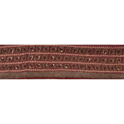 Sanskriti Vintage Border Hand Beaded Sequins 1YD Indian Trim Dark Red Patch Lace