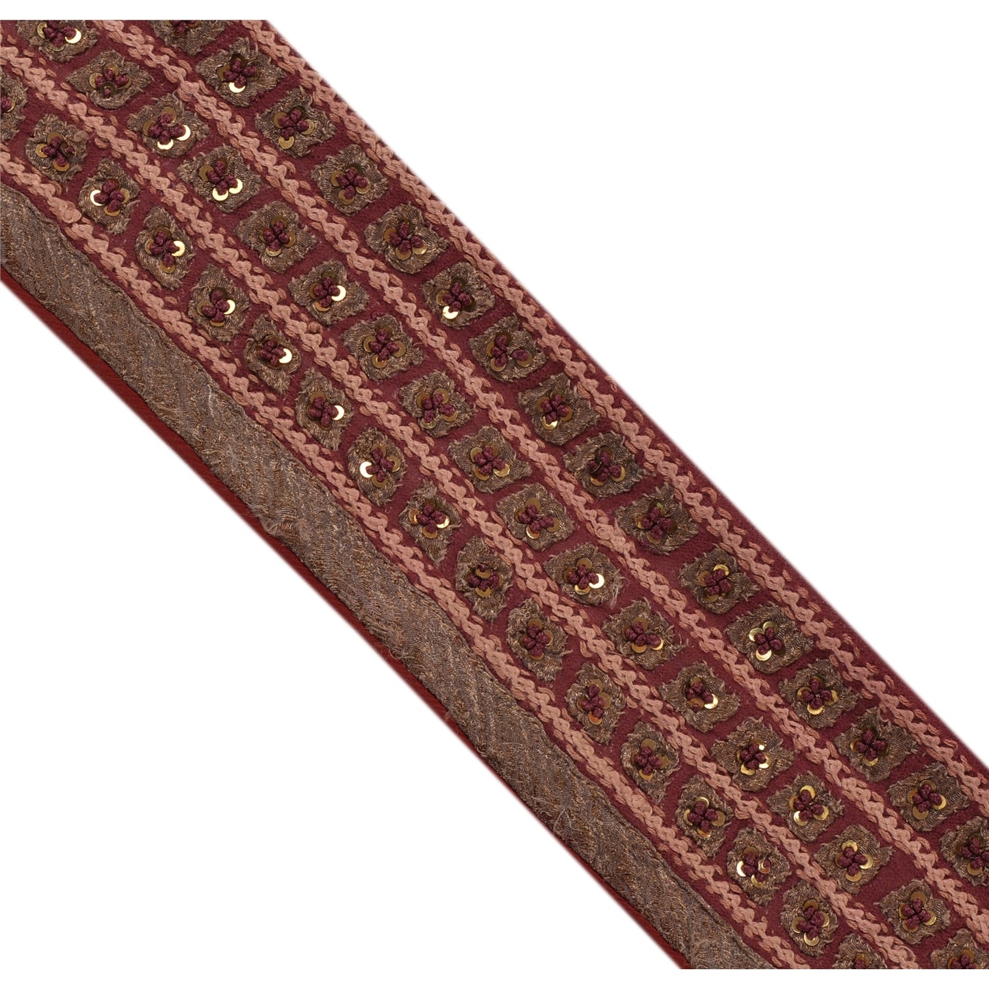 Sanskriti Vintage Border Hand Beaded Sequins 1YD Indian Trim Dark Red Patch Lace