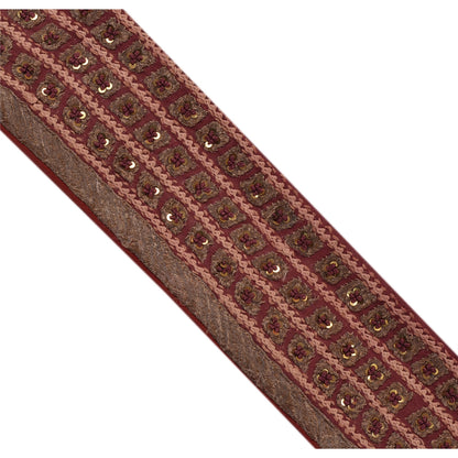 Sanskriti Vintage Border Hand Beaded Sequins 1YD Indian Trim Dark Red Patch Lace