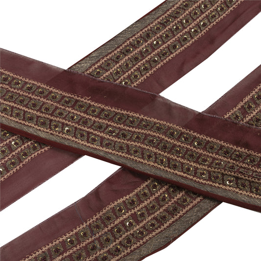 Sanskriti Vintage Border Hand Beaded Sequins 1YD Indian Trim Dark Red Patch Lace