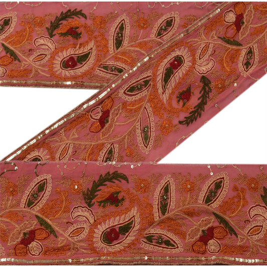 SANSKRITI VINTAGE Border  Hand Beaded 1 YD Indian Trim Sewing Pink Decor Lace