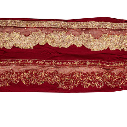 Sanskriti Vintage Red Net-Silk 1 YD Sari Border Trim Hand Embroidered Zardozi