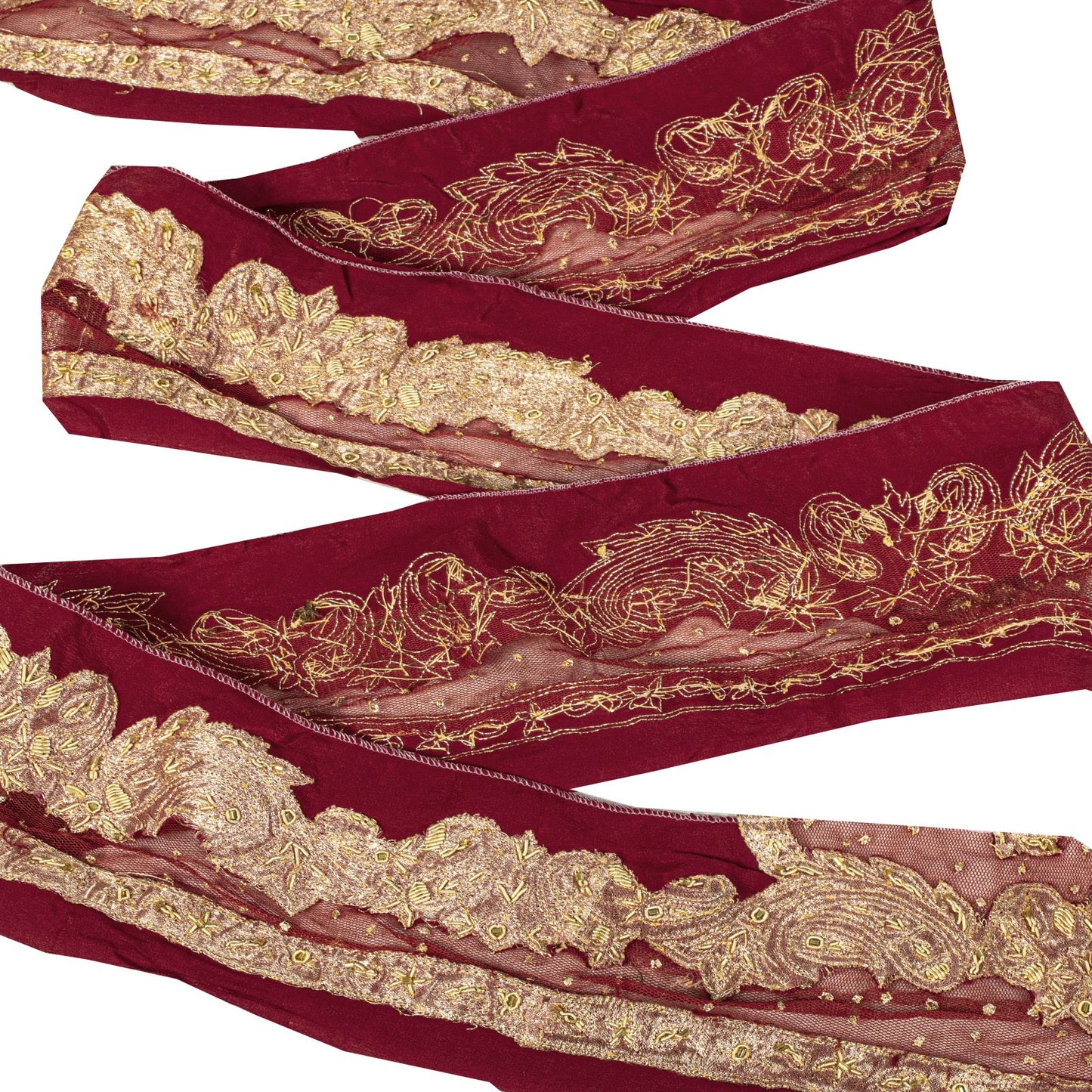 Sanskriti Vintage Red Net-Silk 1 YD Sari Border Trim Hand Embroidered Zardozi