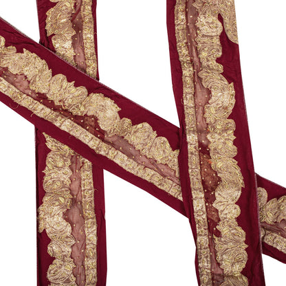 Sanskriti Vintage Red Net-Silk 1 YD Sari Border Trim Hand Embroidered Zardozi