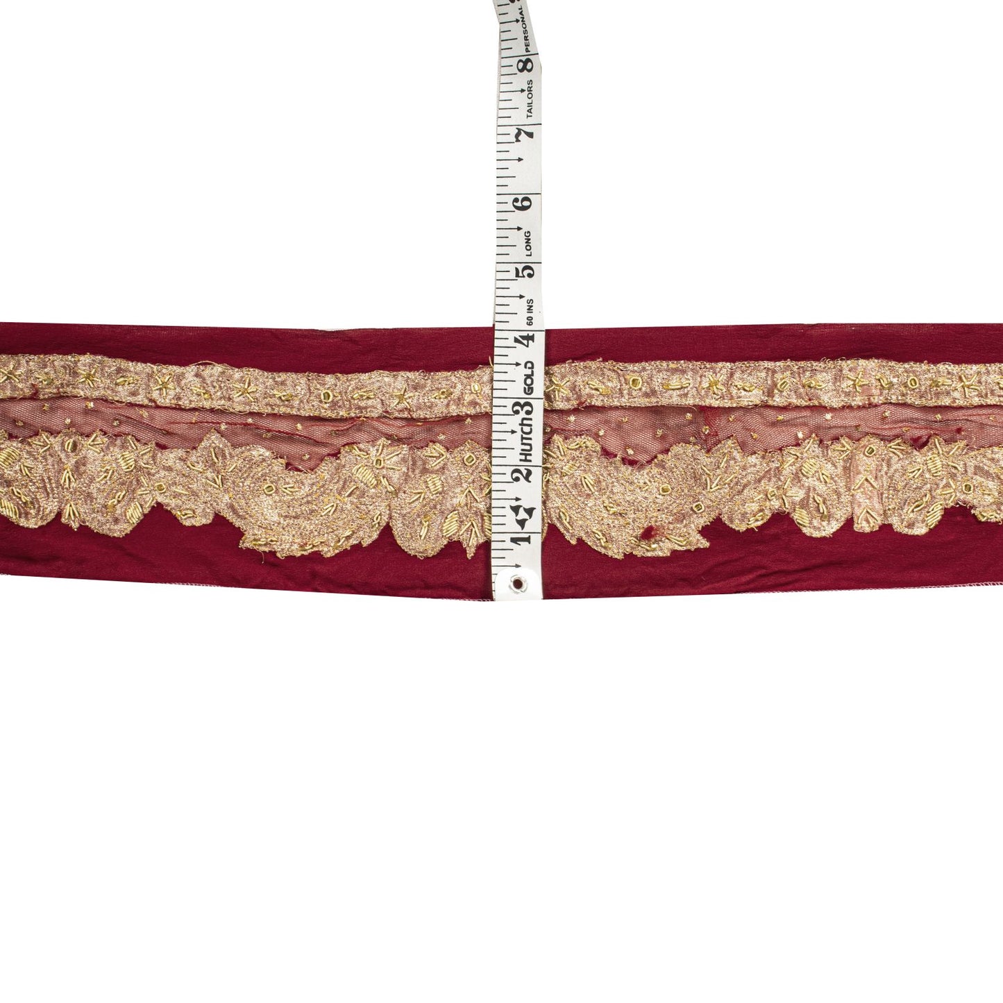 Sanskriti Vintage Red Net-Silk 1 YD Sari Border Trim Hand Embroidered Zardozi