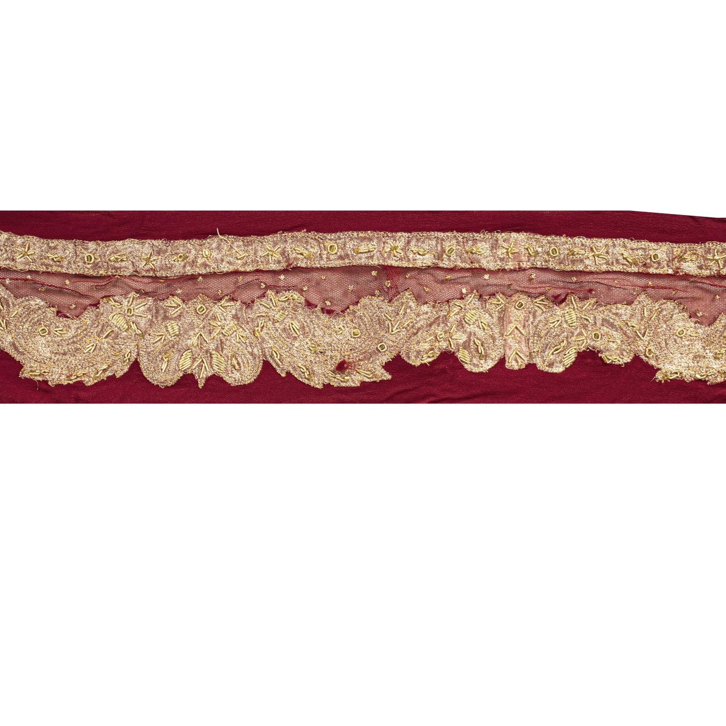 Sanskriti Vintage Red Net-Silk 1 YD Sari Border Trim Hand Embroidered Zardozi