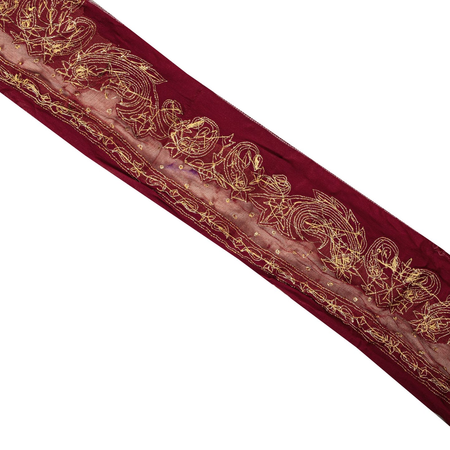 Sanskriti Vintage Red Net-Silk 1 YD Sari Border Trim Hand Embroidered Zardozi