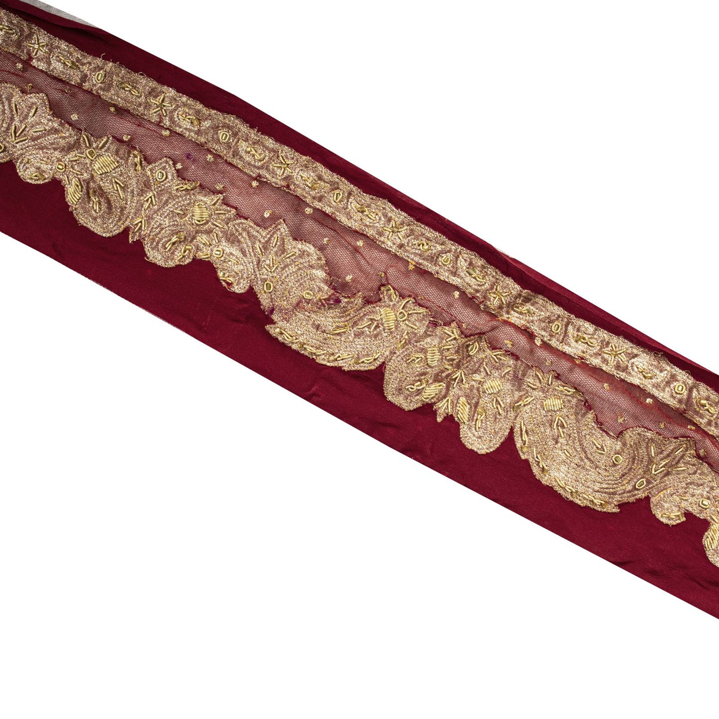Sanskriti Vintage Red Net-Silk 1 YD Sari Border Trim Hand Embroidered Zardozi