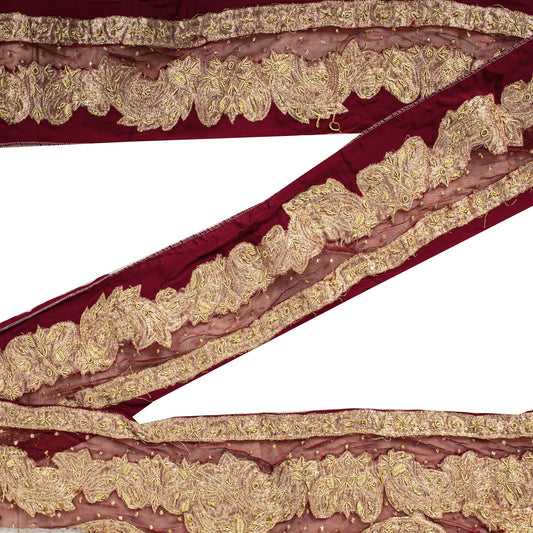 Sanskriti Vintage Red Net-Silk 1 YD Sari Border Trim Hand Embroidered Zardozi