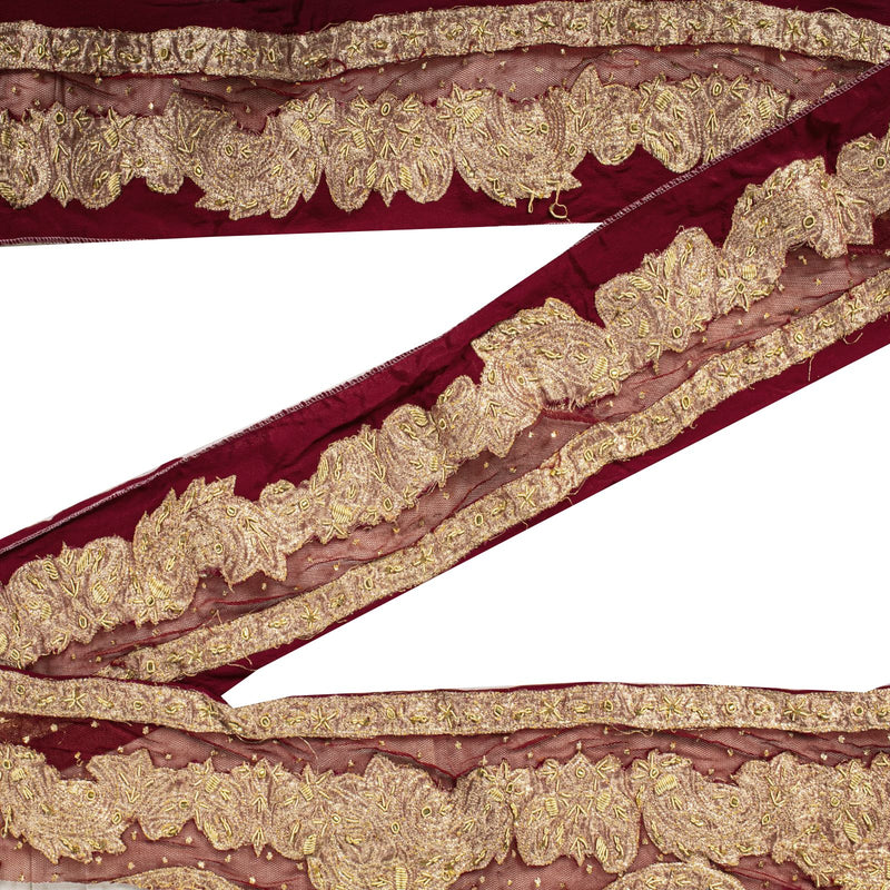 Sanskriti Vintage Red Net-Silk 1 YD Sari Border Trim Hand Embroidered Zardozi