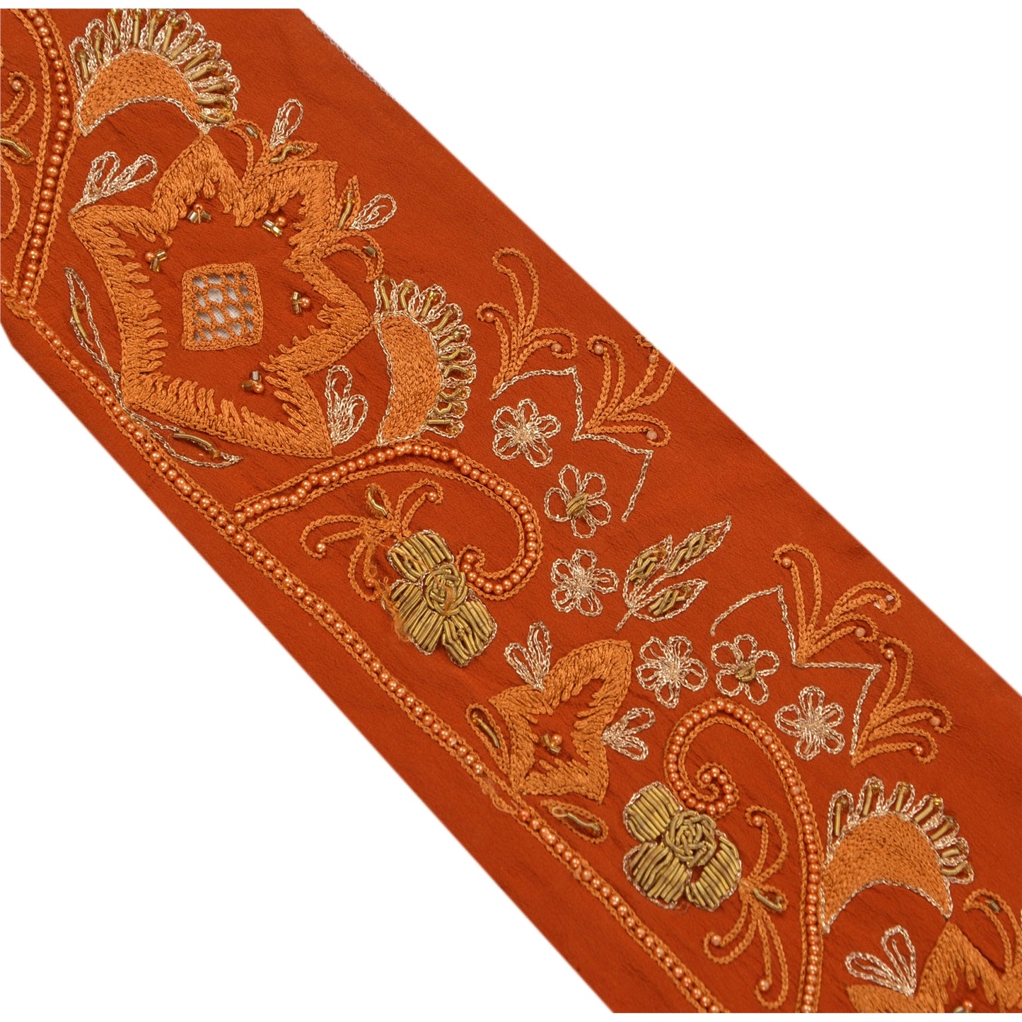 SANSKRITI VINTAGE Border Hand Beaded 1 YD Indian Trim Sewing Orange Lace