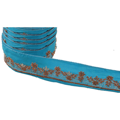 Sanskriti Vintage Sari Border Hand Beaded 1Yd Indian Trim Dã©Cor Ribbon Blue Lace