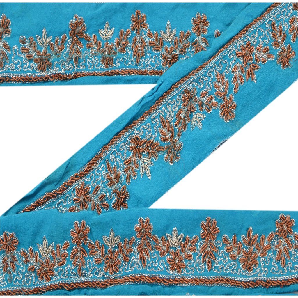 Sanskriti Vintage Sari Border Hand Beaded 1Yd Indian Trim Dã©Cor Ribbon Blue Lace