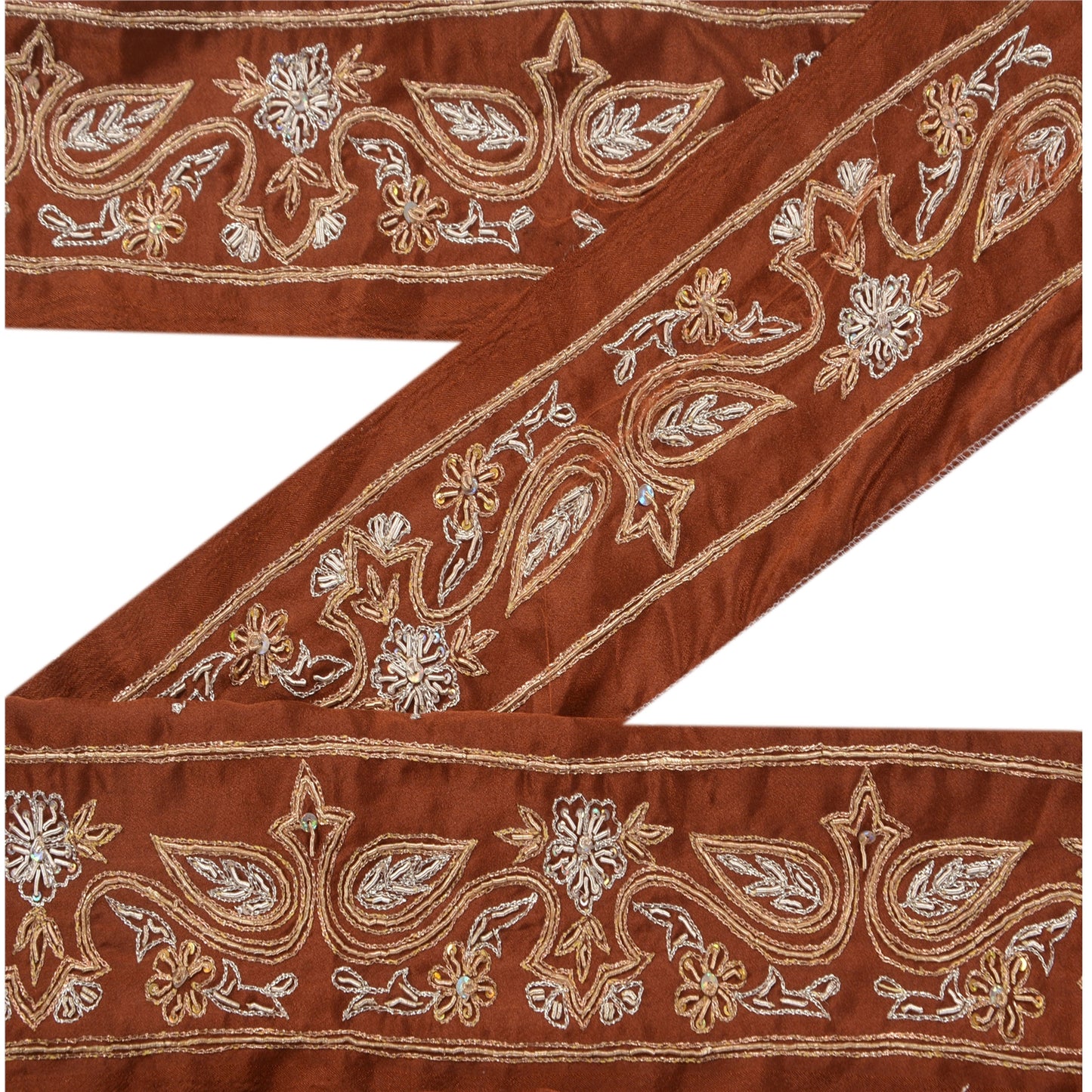 Sanskriti Vintage Sari Border Hand Beaded 1 Yd Indian Trim Sewing Brown Lace