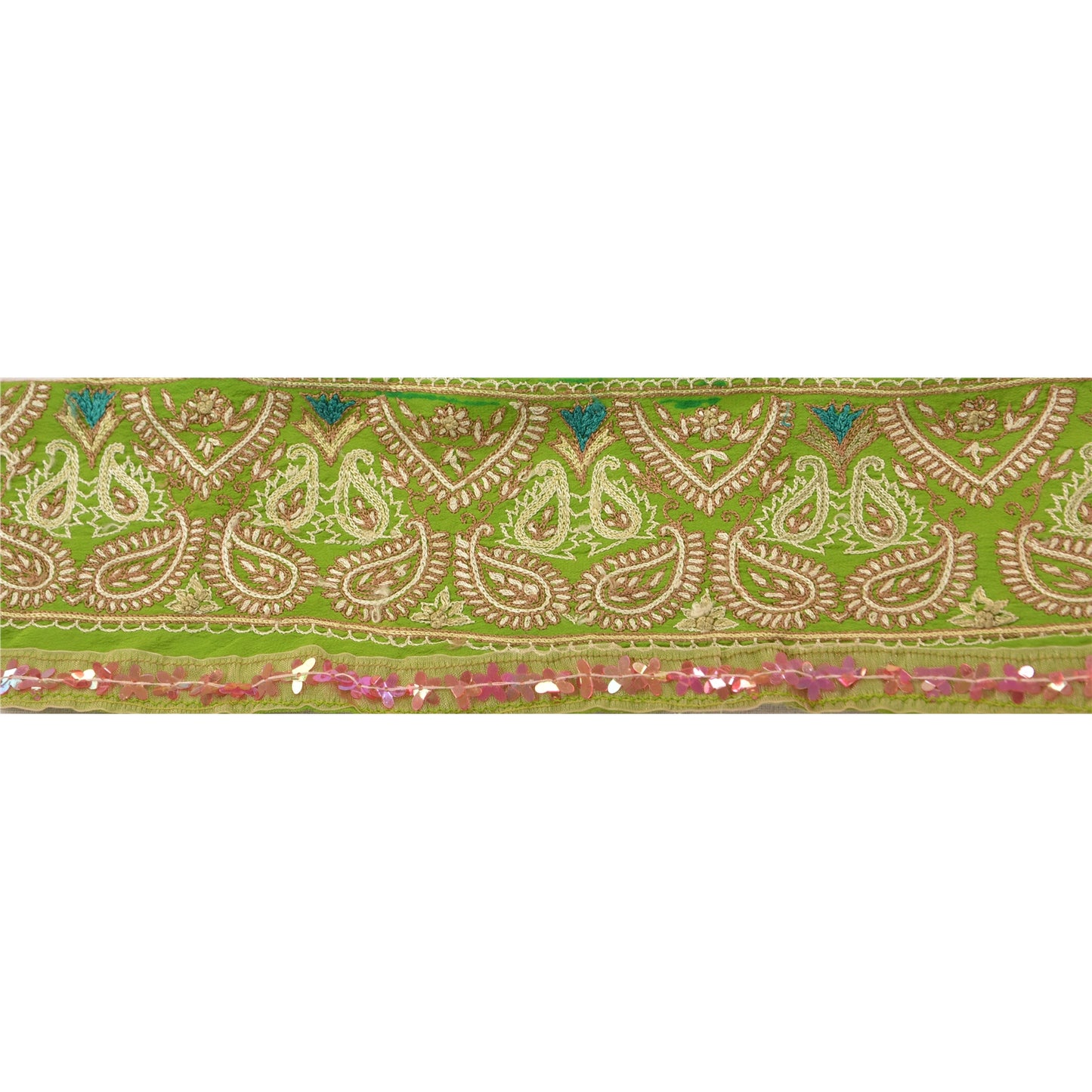 Sanskriti Vintage Sari Border Hand Beaded 1 Yard Trim Sewing Green Decor Lace