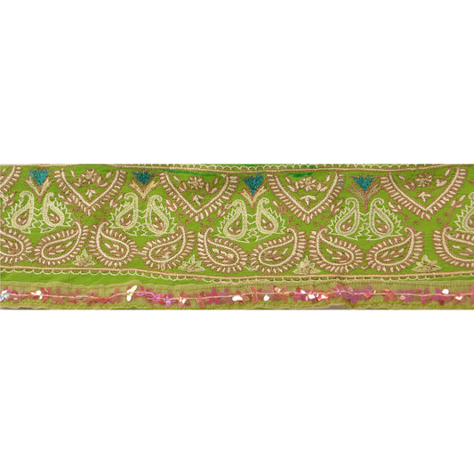 Sanskriti Vintage Sari Border Hand Beaded 1 Yard Trim Sewing Green Decor Lace