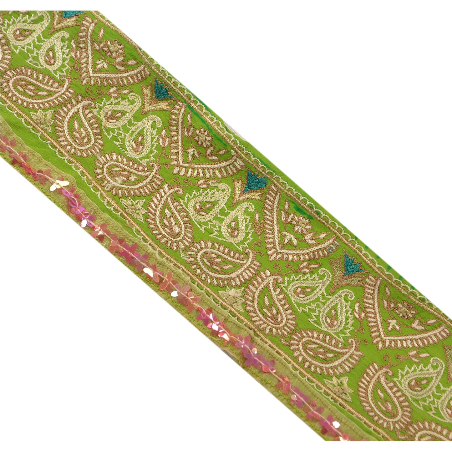 Sanskriti Vintage Sari Border Hand Beaded 1 Yard Trim Sewing Green Decor Lace