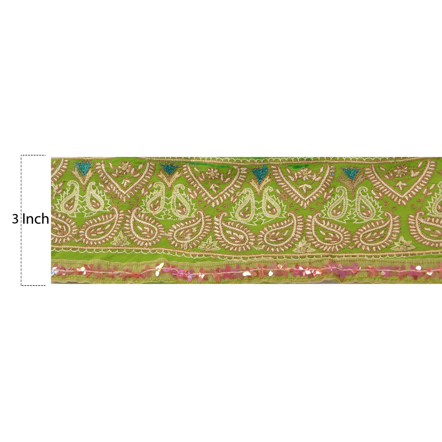 Sanskriti Vintage Sari Border Hand Beaded 1 Yard Trim Sewing Green Decor Lace