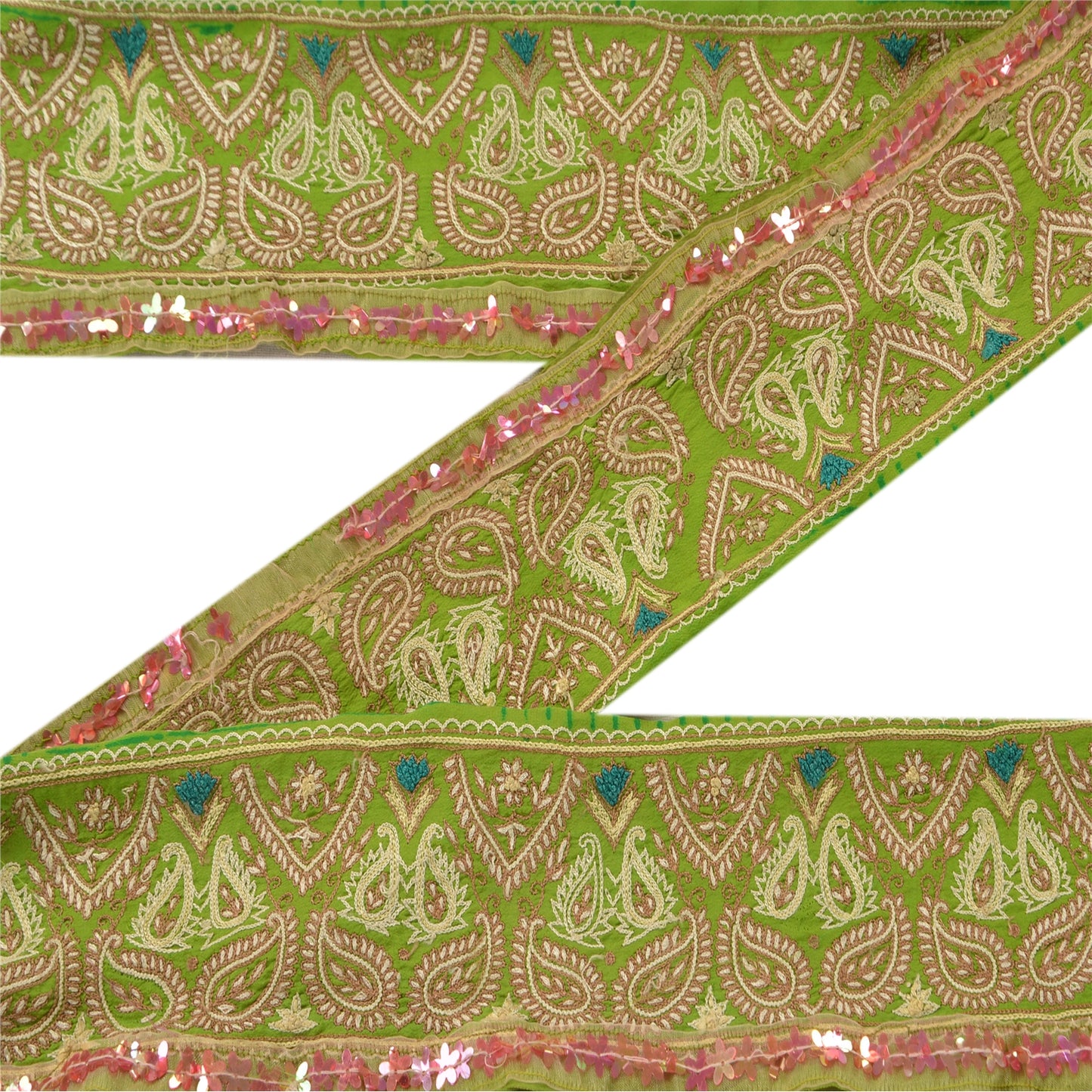 Sanskriti Vintage Sari Border Hand Beaded 1 Yard Trim Sewing Green Decor Lace