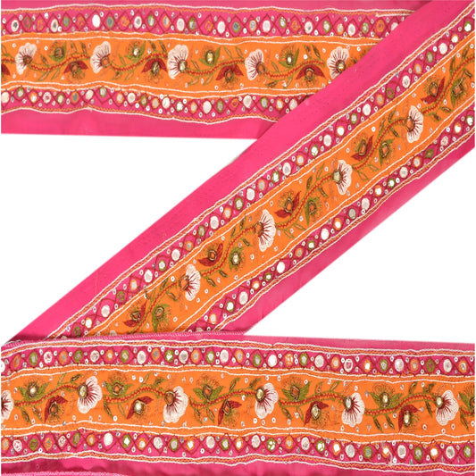 Sanskriti Vintage Border Hand Beaded 1 Yd Indian Trim Sewing Pink Mirror Lace