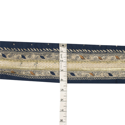 SANSKRITI VINTAGE Border Antique Hand Beaded 1 YD Indian Sewing Blue Zari Lace