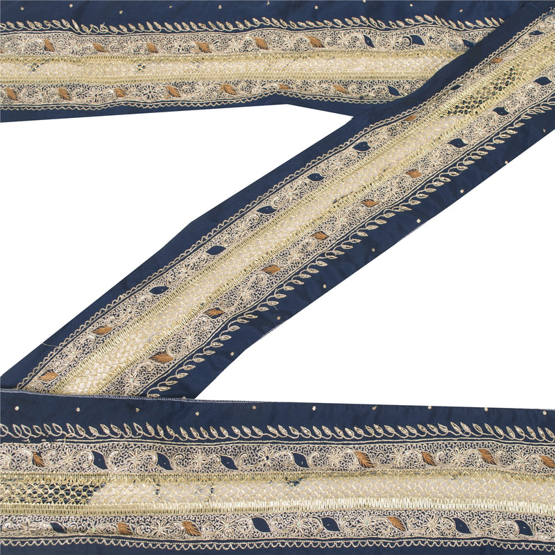 SANSKRITI VINTAGE Border Antique Hand Beaded 1 YD Indian Sewing Blue Zari Lace