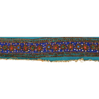 Sanskriti Vintage Sari Border Hand Beaded 1 Yd Trim Craft Blue Rhinestone Lace