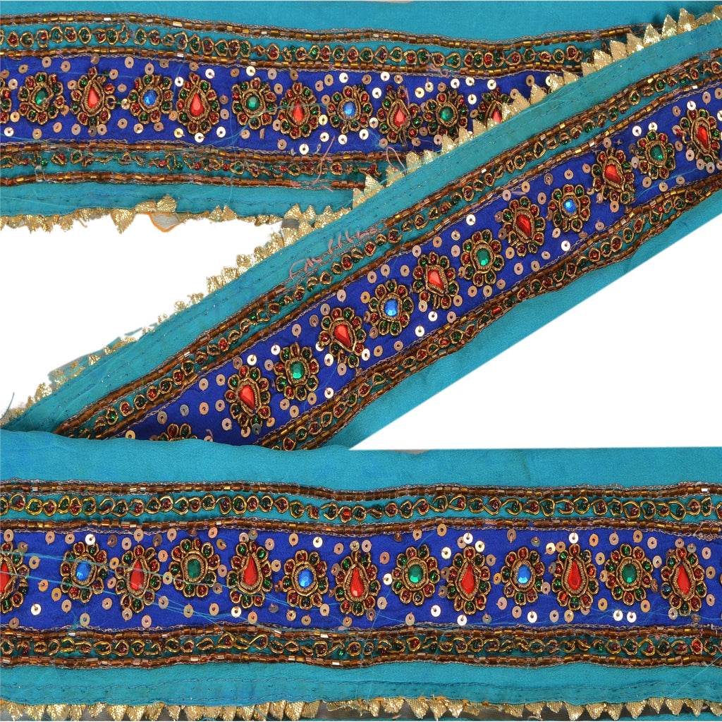 Sanskriti Vintage Sari Border Hand Beaded 1 Yd Trim Craft Blue Rhinestone Lace