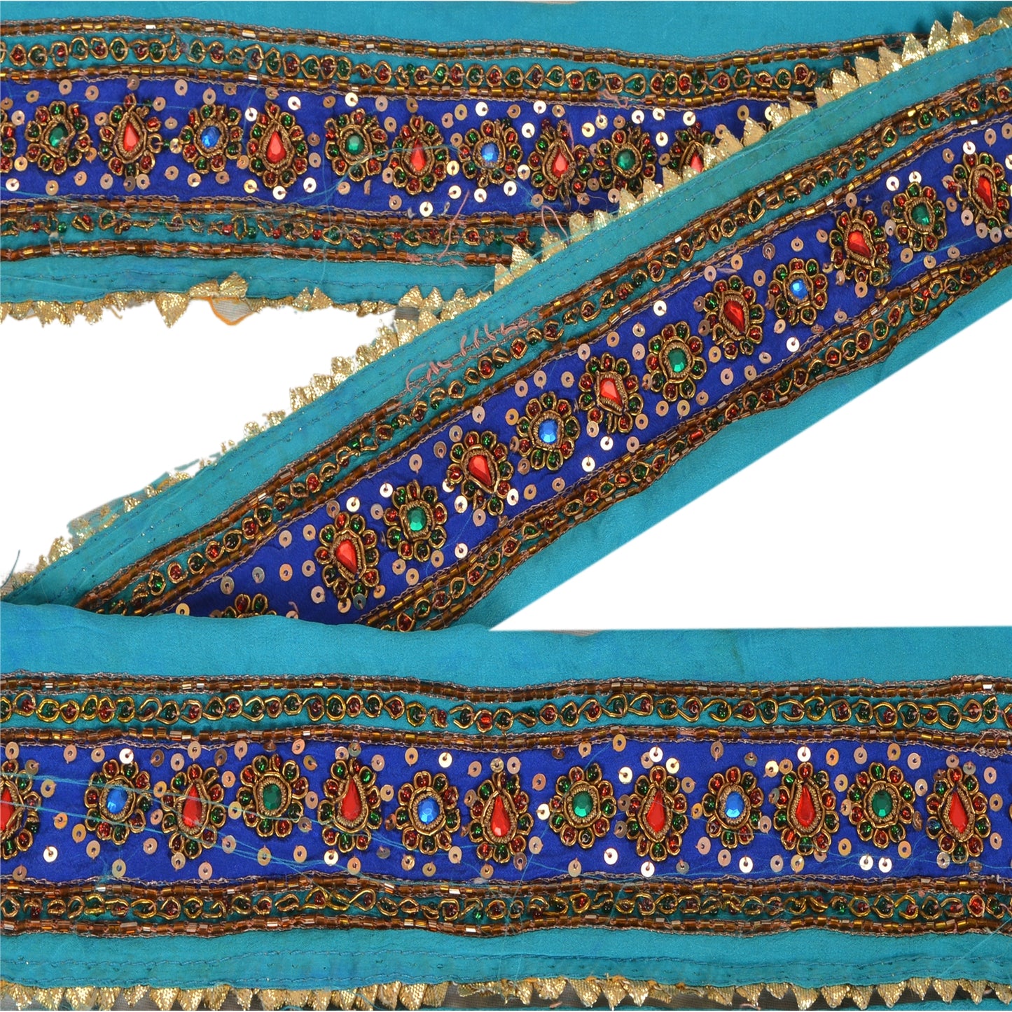 Sanskriti Vintage Sari Border Hand Beaded 1 Yd Trim Craft Blue Rhinestone Lace