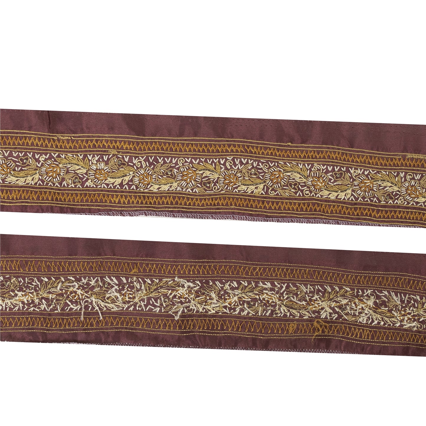 Sanskriti Vintage Border Antique Hand Embroidered 1 YD Trim Ribbon Dark Red Lace