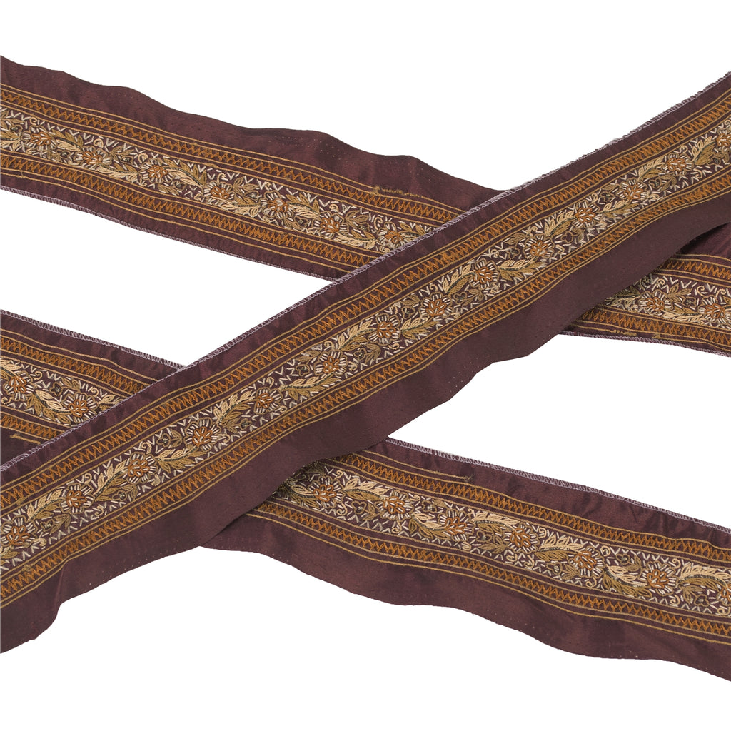 Sanskriti Vintage Border Antique Hand Embroidered 1 YD Trim Ribbon Dark Red Lace