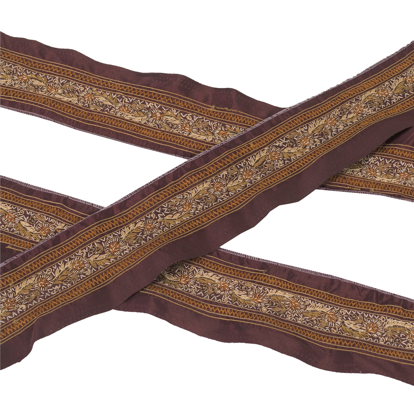 Sanskriti Vintage Border Antique Hand Embroidered 1 YD Trim Ribbon Dark Red Lace