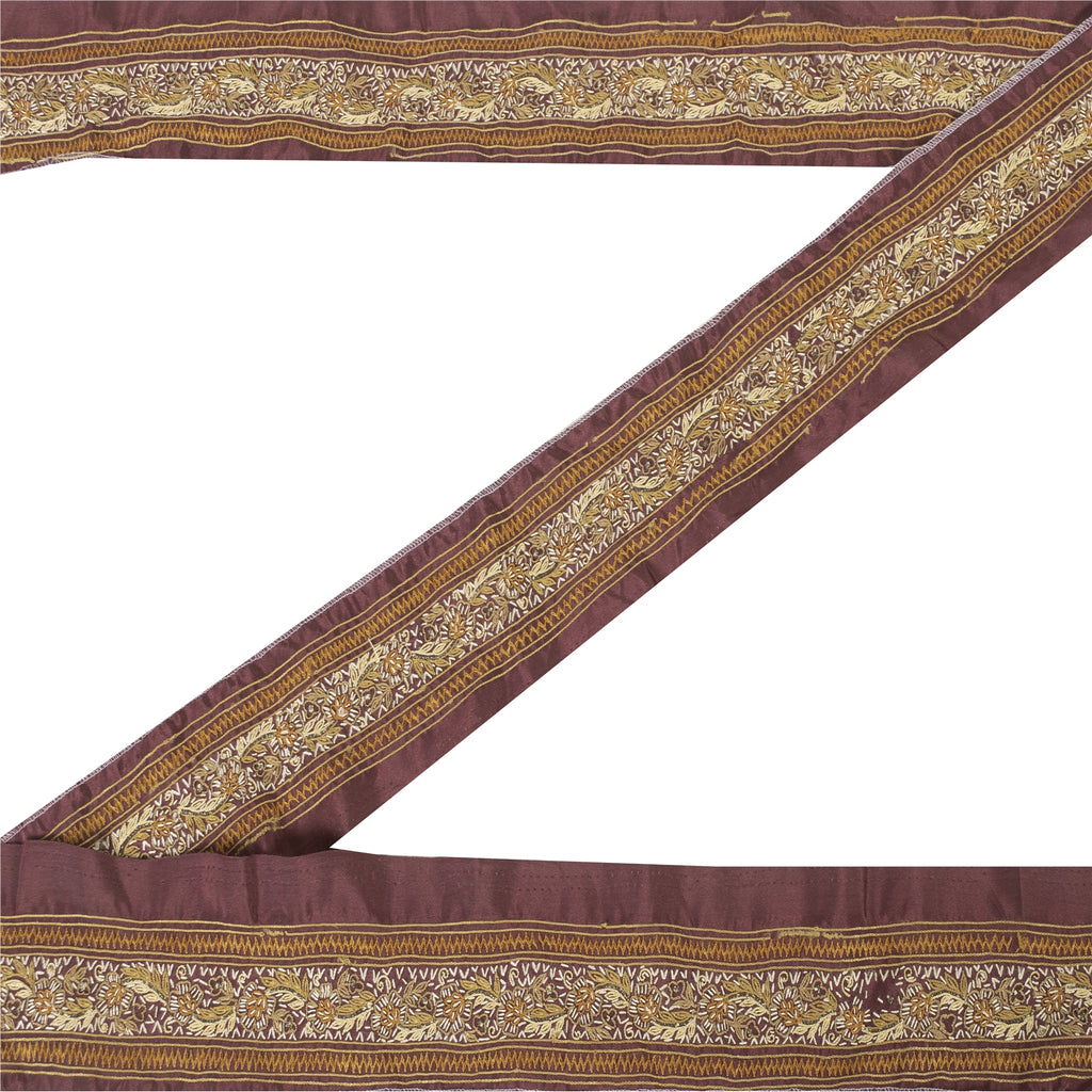 Sanskriti Vintage Border Antique Hand Embroidered 1 YD Trim Ribbon Dark Red Lace